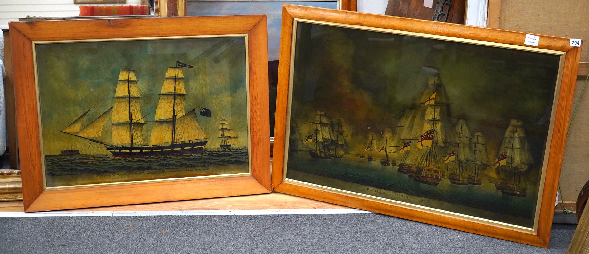 19th century School, two reverse glass prints, ‘Battle of Trafalgar’ and ‘William Thomas of Sunderland, H. Robson Commander’, largest 58 x 87cm. Condition - fair